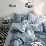 CIFEEO-Spring Summer Bedding Set Ins Wind Haze Blue Literary Simple Double Spell Washed Cotton Bed Four-piece Set Dormitory Three-piece Bed Sheet Three-piece Set