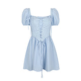 Cifeeo-Summer Detachable Puff Sleeve Corset Dress Mini Elegant Blue Square Neck Dress Casual Women Holiday Party Dress 2025