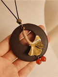 CIFEEO- Women Alloy Leaf Round Wooden Sweater Necklace KL1042