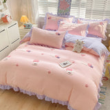 Cifeeo-2025 Spring Bedding Set Kawaii Princess Bedding Set with White Ruffles Korean Style Girls Single Full Duvet Cover No Filling Flat Sheet Pillowcases Kit