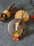 CIFEEO- Women Alloy Leaf Round Wooden Sweater Necklace KL1042