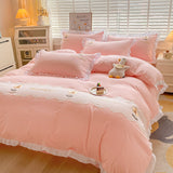 Cifeeo-2025 Spring Bedding Set Kawaii Princess Bedding Set with White Ruffles Korean Style Girls Single Full Duvet Cover No Filling Flat Sheet Pillowcases Kit