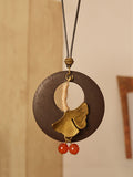 CIFEEO- Women Alloy Leaf Round Wooden Sweater Necklace KL1042