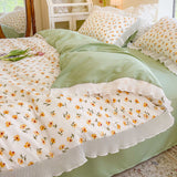 Cifeeo-2025 Spring Bedding Set Ins Korean Style Duvet Cover Set Princess Floral Ruffles Fitted Flat Sheet Pillowcases Girls Single Double Size Bed Linen