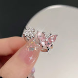 Cifeeo-Vintage Jewelry Y2K Style Pink Crystal Irregular Heart Ring for Women Creative Blue Opal Heart Open Ring Shiny Geometric Zircon Ring Vintage Y2K Jewely