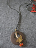 CIFEEO- Women Alloy Leaf Round Wooden Sweater Necklace KL1042