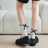 Cifeeo-4 Pair Japanese Socks Women JK Sweet Bowknot Tied Middle Socks Tube Heel Bow Casual Black White Pile Girls Sports Cotton Socks