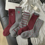 Cifeeo-5 Pair Socks Women Ankora Red Tube Designer Socks Cotton Stripe Lovers Harajuku Kawaii Bowknot Gray Spot Women Socks