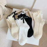 Cifeeo-4 Pair Japanese Socks Women JK Sweet Bowknot Tied Middle Socks Tube Heel Bow Casual Black White Pile Girls Sports Cotton Socks