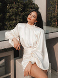 Cifeeo-Ruched Satin Dress Women White Latern Sleeves Sexy Party Dress Autumn Night Club Mini Dresses 2020 Vestdios