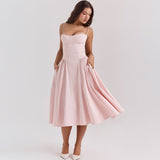 Cifeeo-Summer Elegant Midi A Line Dress Lovely V Neck Spagehetti Strap Holiday Party Dress Casual Women New Arrivals 2025