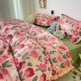 Cifeeo-2025 Spring Bedding Set Ins Pink Tulip Bedding Set Floral Duvet Cover Flat Sheet with Pillowcases No Filling Single Queen Size Boys Girls Bed Linen