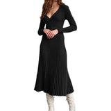 winter outfits men 2024 Spring and Autumn Elegant Women's Long-Sleeved V-neck Wrapped Chest Mid-Length Knitted Pleated Dress Bottoming Skirt