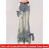 90s streetwear American Style Retro Bow Micro Flared Jeans for Women 2024 New Summer High Waist Mopping Pants Fashion