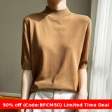 brown fur boots outfit Women's Half-Turtleneck Knitted Short-Sleeved T-shirt Worsted Wool Thin Loose Slimming Half-Sleeve Bottoming Top