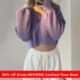 Buycifeeo 1980s fashion trends Short Knitted Cardigan Women's 2024 Autumn V-neck Solid Color Lantern Sleeve Sweater Women's Coat