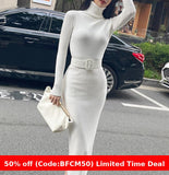 business casual outfits Turtleneck Knitted Dress Autumn and Winter Inner Slim-Fit Belt over-the-Knee Bottoming Sheath One-Step Skirt Casual Women's Clothing