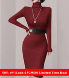 business casual outfits Turtleneck Knitted Dress Autumn and Winter Inner Slim-Fit Belt over-the-Knee Bottoming Sheath One-Step Skirt Casual Women's Clothing