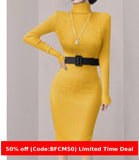 business casual outfits Turtleneck Knitted Dress Autumn and Winter Inner Slim-Fit Belt over-the-Knee Bottoming Sheath One-Step Skirt Casual Women's Clothing