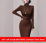 business casual outfits Turtleneck Knitted Dress Autumn and Winter Inner Slim-Fit Belt over-the-Knee Bottoming Sheath One-Step Skirt Casual Women's Clothing