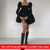 winter outfits men Spring Backless Lace-up Black Pettiskirt Women's Waist Slimming French Square Collar Puff Sleeve Dress Tide