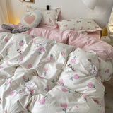 Cifeeo-2025 Spring Bedding Set Pink Floral Bedding Set with Duvet Cover No Filler Pillowcase Flat Sheet Ins Nordic Style Kid Adult Single Double Size BedSpread