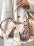 CIFEEO - Minimalist Faux Pearl & Bow Decor Baguette Bag  - Women Shoulder Bags