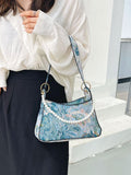 CIFEEO - Floral Print Beaded Detail Baguette Bag  - Women Shoulder Bags