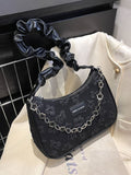 CIFEEO - Jacquard Letter Patch & Chain Decor Baguette Bag  - Women Shoulder Bags