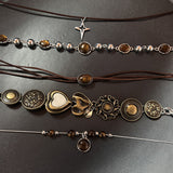 Cifeeo-Vintage Jewelry Y2K Style Vintage Leather Brown Stone Pendant Necklace Stacking Choker Temperament Clavicle Chain for Women Girl Autumn Winter Necklace