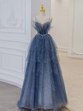 Cifeeo-Cyber Monday Christmas party outfits Gray blue tulle sequin beads long prom dress, blue evening dress BD13