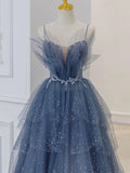 Cifeeo-Cyber Monday Christmas party outfits Gray blue tulle sequin beads long prom dress, blue evening dress BD13