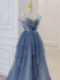 Cifeeo-Cyber Monday Christmas party outfits Gray blue tulle sequin beads long prom dress, blue evening dress BD13