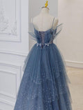 Cifeeo-Cyber Monday Christmas party outfits Gray blue tulle sequin beads long prom dress, blue evening dress BD13