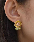 CIFEEO- 2024 New Yellow Sterling Silver Overgild Zircon Enamel Sunflower Stud Earrings DF1006