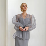 Cifeeo-work holiday party outfit 2025 Spring and Summer Sexy Black See-through Mesh Shirt Coat Female Niche Long-Sleeved Shirt Blouse Stacked