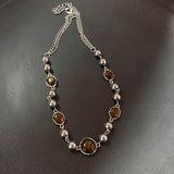 Cifeeo-Vintage Jewelry Y2K Style Vintage Leather Brown Stone Pendant Necklace Stacking Choker Temperament Clavicle Chain for Women Girl Autumn Winter Necklace