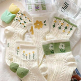 Cifeeo-5 Pairs Socks Women Green Fresh Medium Length Summer New Plant Flower Short Socks Sweat Absorbing and Odor Proof Socks New