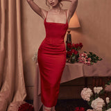 Cifeeo-High Quality Women's Clothing 2025 Latest Fashion Bodycon Midi Dress Elegant  Satin Sexy Dress Red Night Prom Party Dresses