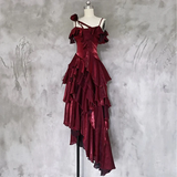 Cifeeo-Christmas Thanksgiving Gift New Year's Eve Dress Irregular Ruffled Suspender Prom Dress Burgundy Long Birthday Dress Christmas Thanksgiving Gift New Year's Eve Dress1630-back to school dress nye outfits 2025