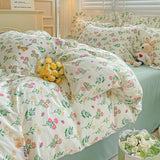 Cifeeo-2025 Spring Bedding Set Cute Floral Duvet Cover Set Ins Korean Style with Flat Sheet Pillowcase No filler Washed Cotton Queen Double Home Bed Linens