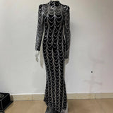 Cifeeo-Winter Long Sleeve Maxi Evening Dress 2025 Black Sequins Long Dresses Elegant Stand Collar Fashion Party Dresses