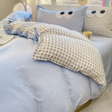 Cifeeo-2025 Spring Bedding Set Ins Solid Color Duvet Cover Set No Filler Cute Big Eyes Flat Sheet Pillowcases Blue Polyester Single Doube Queen Size Bed Linens