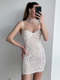 Cifeeo-Elegant Spaghetti Strap Lace Bodycon Dress White Satin Sexy Birthday Night Party Dress Mini Women Summer Dress 2025