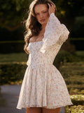 Cifeeo-Summer Holiday Dress 2025 Square Neck Lantern Sleeve Chiffon Dress Casual Birthday Party Dresses Women's Clothing