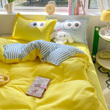 Cifeeo-2025 Spring Bedding Set Ins Solid Color Duvet Cover Set No Filler Cute Big Eyes Flat Sheet Pillowcases Blue Polyester Single Doube Queen Size Bed Linens