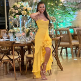 Cifeeo-Summer Birthday Party Dresses 2025 Irregular Ruffle Elegant Mesh Dress Yellow Long Dresses for Women