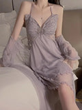 Cifeeo-French Romantic and Sexy Plus Size Lingerie Butterfly Suspender Nightgown Lace Up Outer Robe Pajama Home Suit Set  Sleepwear