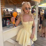 Cifeeo-2025 Summer Lovely A Line Dress Yellow Sexy Party Dresses Hollow Out Lace Up Elegant Holiday Dress Women