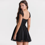 Cifeeo-Summer Lace Patchwork Square Neck Dress Mini Casual A Line Holiday Birthday Dress Black Lace Up Women's Clothing